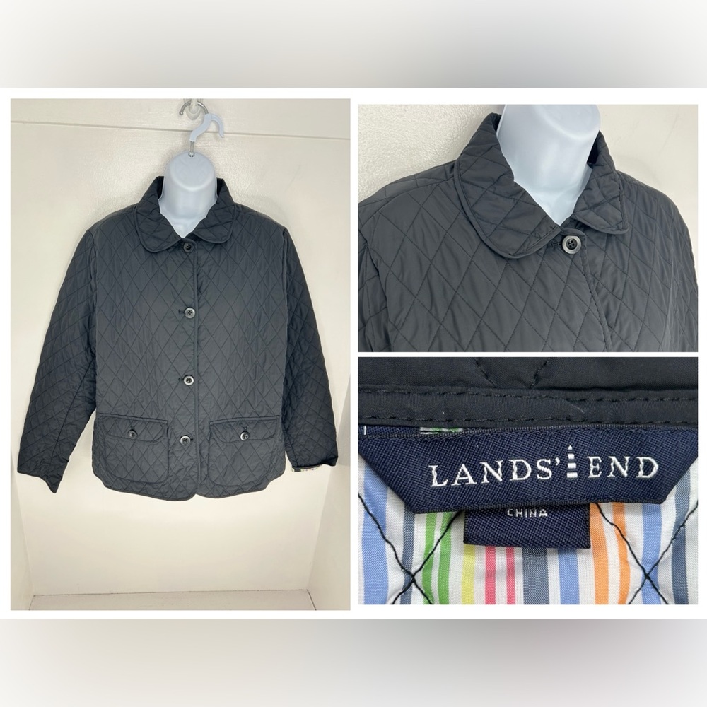 Lands End Quilted Black Jacket Size Large Lightweight Thermolite‎ Striped Lining